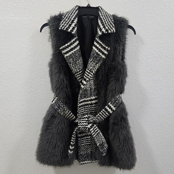 Chic Women’s Faux Fur Vest – Black & White Houndstooth Belted Long Sleeveless... - Picture 1 of 10